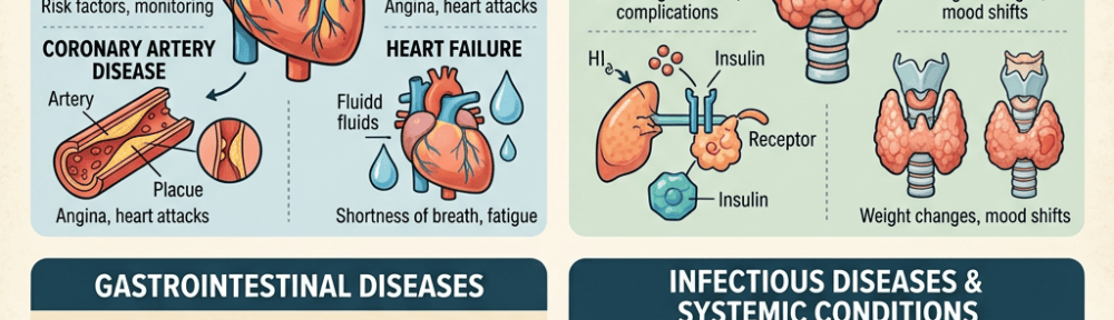 Exploring Diseases in Internal Medicine: A Diagnostic Overview. Cardiovascular diseases: hypertension (high blood pressure), risk factors and monitoring; coronary artery disease, plaque, angina and heart attacks; heart failure, fluid, shortness of breath and fatigue. Endocrine and metabolic disorders: type 2 diabetes, glucose, insulin receptor, blood sugar control and complications; hypothyroidism and hyperthyroidism, weight changes and mood shifts. Gastrointestinal diseases: peptic ulcer disease, stomach sores, pain and endoscopy; inflammatory bowel disease, inflammation, Crohn’s, colitis, chronic inflammation and symptoms. Infectious diseases and systemic conditions: pneumonia, fluid buildup, cough, fever and treatment; sepsis and bacteremia, bacteria, immune response and systemic infection or organ failure.